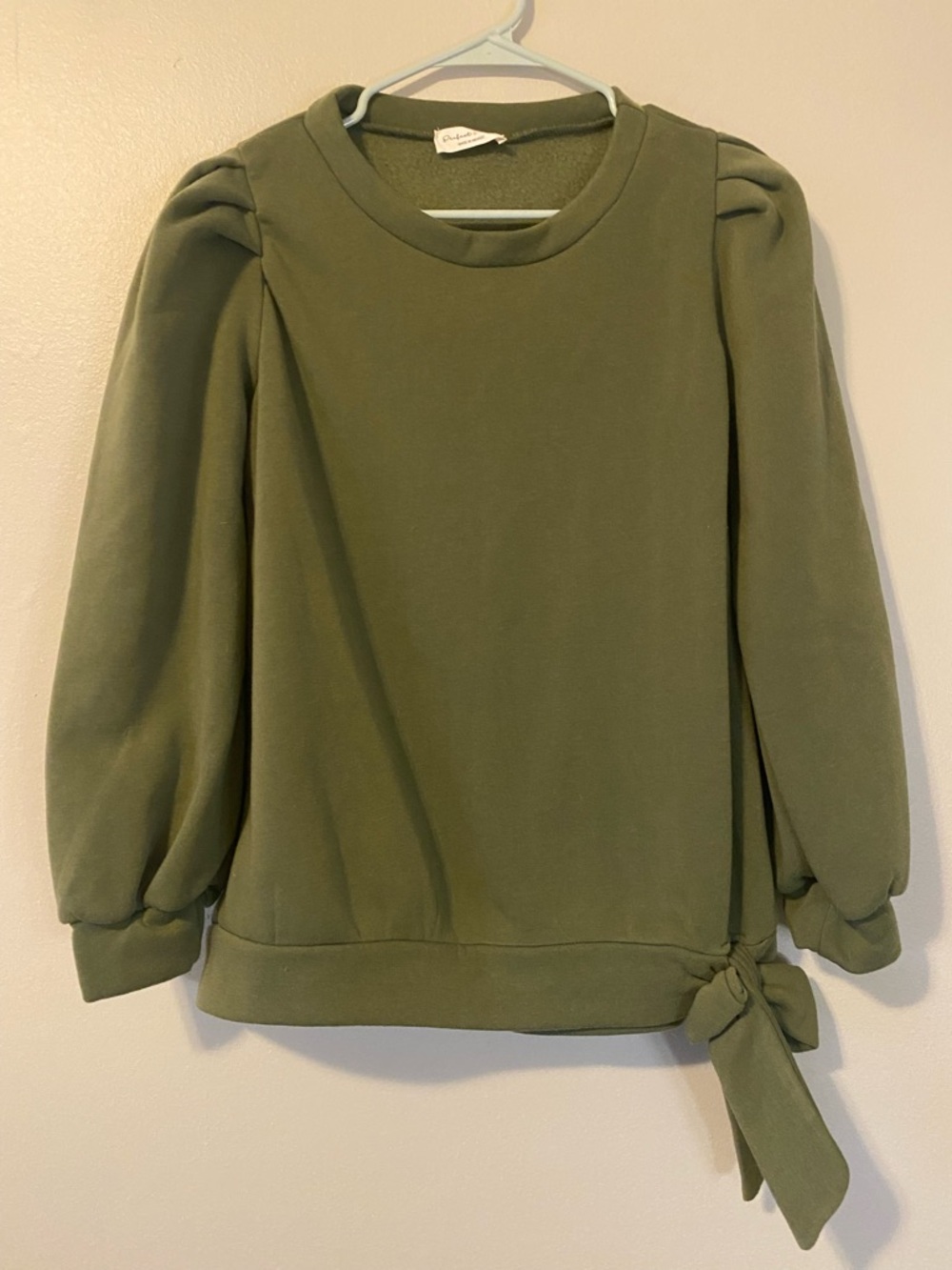 Perfect Peony Olive Green Puff Sleeve Sweatshirt Top Side Tie M